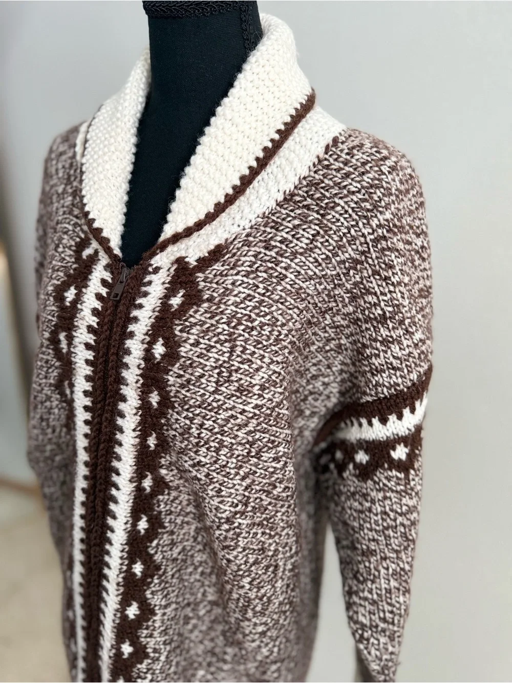 Vintage Hand Knit Lodge Sweater Nordic Zip Cardigan Oversized